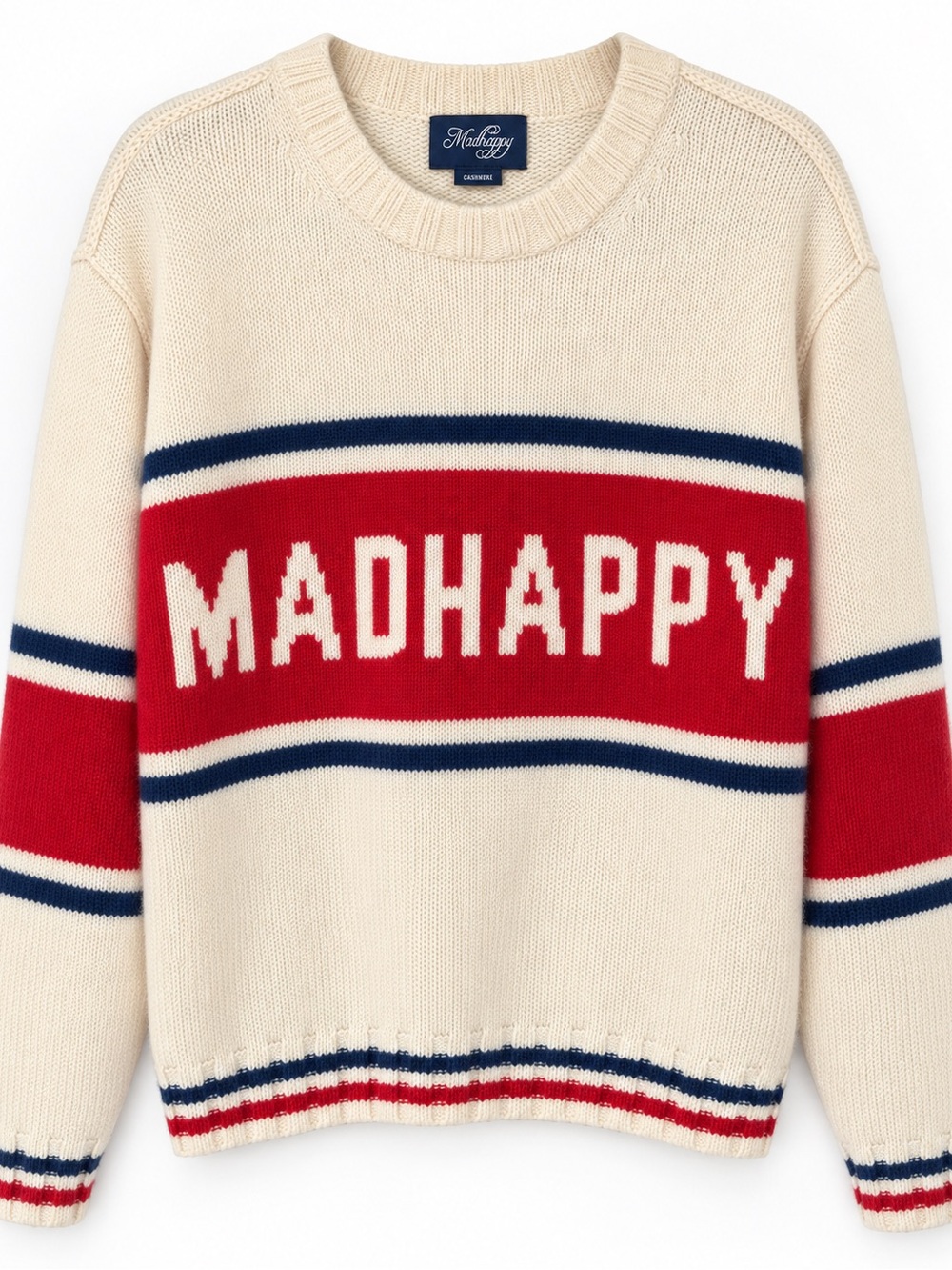 Madhappy Cashmere Crewneck Sweater with Red & Navy Stripe Logo